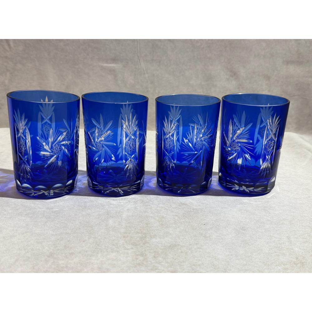 Vintage Bohemian Czech Cobalt Blue Cut to Clear Glass Pitcher and 4 Tumbler Set - Picture 12 of 16